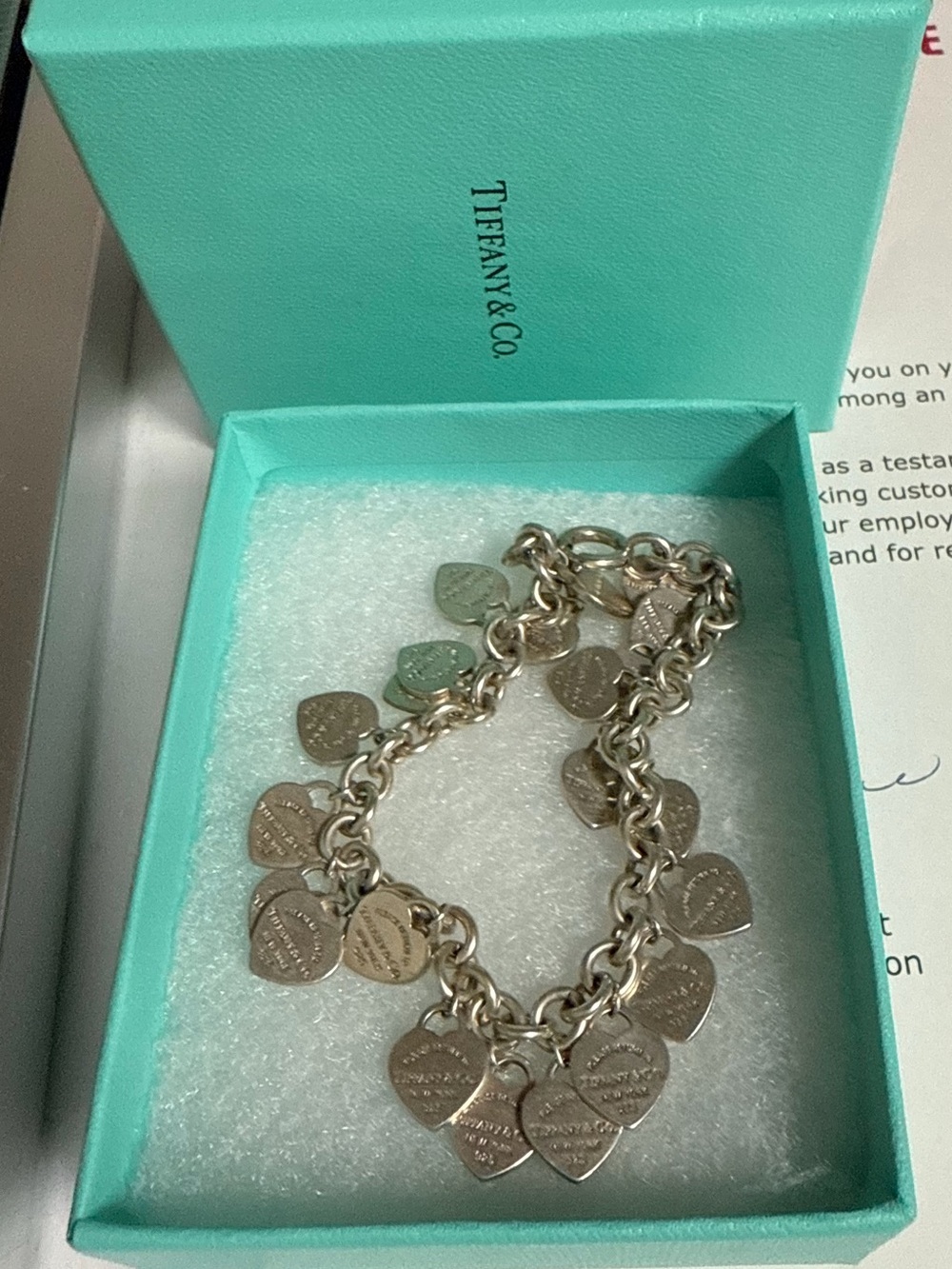 Tiffany & Co. Silver Multi Heart Charm Bracelet with Blue-Green Box